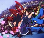 ahoge asymmetrical_wings black_hair bow dress highres houjuu_nue masshigura open_mouth polearm red_eyes short_hair solo thigh-highs thighhighs touhou trident weapon wings 