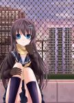  black_hair blue_eyes gloves hair_ornament hairclip highres ikeda_yuuki original scarf school_uniform sitting skirt solo 
