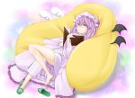  &#9317; &#9320; barefoot bespectacled book convexer_(102) crescent glasses green_eyes hat long_hair number patchouli_knowledge pillow purple_hair single_shoe slippers solo touhou wings â‘¥ â‘¨ 