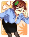  1girl adjusting_glasses alternate_costume angry bad_id bent_over bespectacled blue_eyes breasts brown_hair chargeman_ken! cleavage collarbone down_blouse female flower glasses hair_flower hair_ornament hairclip hand_on_hip large_breasts leaning_forward matumotosan ms._nagisa nagisa-sensei open_mouth open_shirt pantyhose red-framed_glasses short_hair skirt solo teacher unbuttoned 