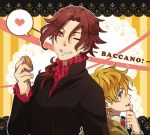  1girl androgynous baccano! blonde_hair blue_eyes christopher_shouldered eating food formal grin heart red_eyes red_hair red_sclera redhead reverse_trap ricard_russo smile spoken_heart suit tomboy tsu wink 
