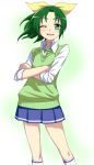  blush bow crossed_arms green_eyes green_hair hair_bow hair_ribbon kumadano midorikawa_nao necktie open_mouth precure ribbon school_uniform short_hair skirt sleeves_rolled_up smile smile_precure! solo sweater_vest white_background wink 