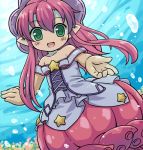 1girl :d bare_shoulders blush bubble character_request emil_chronicle_online green_eyes long_hair lowres mizuno_mumomo open_mouth outstretched_hand payot pink_hair pointy_ears smile solo star underwater 