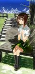  absurdres bench brown_eyes brown_hair cloud grass hagiwara_yukiho hands_on_own_chest highres idolmaster kame^^ open_mouth railing short_hair sitting sky smile solo stairs sunlight tree 