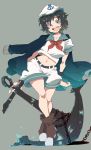 anchor belt black_hair blue_eyes boots chain chains crossed_legs_(standing) hat iroyopon jacket midriff murasa_minamitsu navel open_mouth sailor_collar sailor_hat short_hair shorts solo touhou 