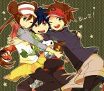  1girl 2boys black_hair blue_eyes bow brown_hair double_bun holding holding_poke_ball hue_(pokemon) hug jacket kitchenset kyouhei_(pokemon) leggings legwear_under_shorts long_hair mei_(pokemon) multiple_boys oshawott pantyhose poke_ball pokemon pokemon_(creature) pokemon_(game) pokemon_bw2 polka_dot polka_dot_background raglan_sleeves red_eyes short_hair shorts smile snivy tepig title_drop twintails visor_cap wink yellow_eyes 