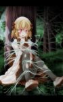  blonde_hair blush dress drill_hair fairy_wings hair_drills hat highres letterboxed luna_child open_mouth pantyhose s-syogo solo spider_silk spider_web tears tied_up torn_pantyhose torn_wings touhou tree web wings 