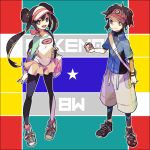  1girl bag blue_eyes bow brown_hair double_bun female_protagonist_(pokemon_bw2) holding holding_poke_ball jacket kyouhei_(pokemon) leggings legwear_under_shorts long_hair looking_at_viewer male_protagonist_(pokemon_bw2) mei_(pokemon) messener_bag messenger_bag nikado_denchi pantyhose poke_ball pokemon pokemon_(game) pokemon_bw2 raglan_sleeves shoes short_hair shorts shoulder_bag smile sneakers star star-shaped_pupils symbol-shaped_pupils visor visor_cap watch wristwatch 