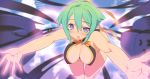  aquarion_(series) aquarion_evol bare_shoulders blade_(lovewn) breasts cleavage green_hair open_mouth outstretched_arms purple_eyes short_hair solo uneven_eyes violet_eyes zessica_wong 