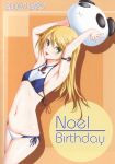  armpits bikini birthday blazblue blonde_hair character_name green_eyes highres long_hair midriff navel noel_vermillion panda smile solo swimsuit 