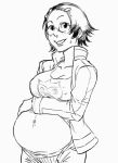  1girl bb_(baalbuddy) breasts cleavage glasses gyakuten_saiban hair_ornament hairclip large_breasts monochrome open_clothes open_jacket pregnant short_hair smile suzuki_mako tank_top 