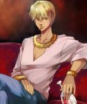  bad_id blonde_hair bracelet cross cup fate/zero fate_(series) gilgamesh jewelry male mouth_hold necklace red_eyes seojung wine_glass 