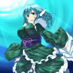  1girl animal_ears blue_eyes blue_hair blush breasts head_fins highres japanese_clothes karaage_(ta-na) kimono large_breasts long_sleeves mermaid monster_girl obi open_mouth short_hair smile solo touhou wakasagihime wide_sleeves 