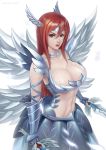  armor breasts cleavage dual_wielding erza_scarlet fairy_tail feathers gauntlets head_wings large_breasts lips long_hair looking_at_viewer metal_wings red_hair redhead simple_background solo sword vasily_(run211) weapon 