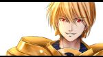  1girl armor blonde_hair chien_zero earrings fate/stay_night fate_(series) gilgamesh grin hair_down jewelry letterboxed male pauldrons red_eyes simple_background smile solo white_background 