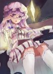  bespectacled book glasses hat long_hair looking_at_viewer nanahara_fuyuki patchouli_knowledge purple_eyes purple_hair semi-rimless_glasses sitting sketch solo touhou under-rim_glasses violet_eyes 