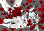  closed_eyes eyes_closed fate/zero fate_(series) flower grey_background jacket male partially_colored red_rose rose solo spot_color uryuu_ryuunosuke xrjingx 