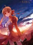  bare_legs blonde_hair breasts dress epaulettes fate/extra fate_(series) field hair_ribbon red_eyes ribbon saber_extra solo sunset t0rped0 toggles 