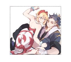  1boy 1girl adaman_(pokemon) blonde_hair blue_coat blue_eyes blue_hair blush brown_eyes coat commentary_request earrings highres irida_(pokemon) jewelry pokemon pokemon_legends:_arceus stuck_in_a_box sweatdrop ten_1397xx waist_cape 