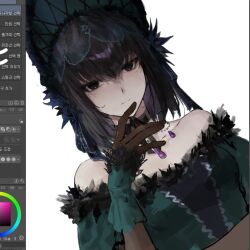  1girl art_program_in_frame bare_shoulders black_eyes black_hair commentary_request dress dutch_angle expressionless fate/grand_order fate_(series) green_bonnet korean_commentary kuonji_alice kuonji_alice_(third_ascension) looking_at_viewer mahou_tsukai_no_yoru medium_hair off-shoulder_dress off_shoulder portrait potato_goril simple_background solo white_background 