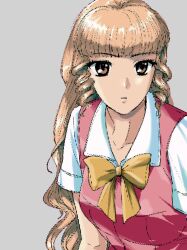  1990s_(style) 1girl amikoiiko blonde_hair bow bowtie brown_eyes collarbone dithering drill_hair grey_background highres hime_cut kono_yo_no_hate_de_koi_wo_utau_shoujo_yu-no long_hair mismatched_eyebrows open_mouth pc-98_(style) pink_vest pixel_art retro_artstyle school_uniform shimazu_mio shirt short_sleeves simple_background upper_body vest waistcoat white_shirt yellow_bow yellow_bowtie 