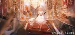  1girl :3 ahoge animal audience balloon bare_shoulders birthday birthday_cake black_bow black_gloves black_shoes blunt_bangs blurry blurry_foreground bow bracelet brown_eyes cake candle cat chandelier chinese_commentary cloak closed_mouth clothed_animal commentary_request confetti dress earrings elbow_gloves flats flower flower_bracelet flower_dress food food-themed_clothes footwear_bow frilled_cloak full_body gloves happy happy_birthday high_ponytail highres holding holding_balloon hood hood_up hooded_cloak indoors jewelry light_particles looking_at_viewer medium_dress medium_hair momo_(nikki) necklace night nikki_(nikki) nikki_(series) no_socks official_alternate_costume pink_hair ponytail rose shadow shining_nikki shoes silky_sweet_dream_(shining_nikki) smile stairs statue strapless strapless_dress streamers tiara waist_bow wavy_hair whipped_cream whiskers white_bow white_cat white_cloak white_dress white_flower window yellow_flower yellow_rose zangzang_shi_yi_zhi_jianlian_zanghu 