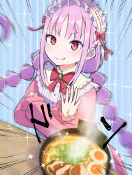  1girl :p bow bowtie braid egg_(food) food headdress heaven_burns_red highres kunimi_tama long_hair muratoamado noodles pink_hair ramen red_bow red_bowtie red_eyes softboiled_egg tongue tongue_out 
