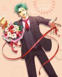  bouquet flower formal green_eyes green_hair haruka3_(deyaadaa) harukanaru_toki_no_naka_de harukanaru_toki_no_naka_de_3 kajiwara_kagetoki male necktie red_rose rose sepia_background smile solo suit wink 