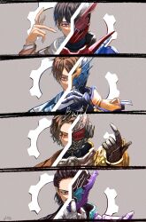 4boys black_hair blue_eyes blue_helmet brown_hair character_request commentary_request grey_background helmet henshin_pose highres kamen_rider kamen_rider_build kamen_rider_build_(series) kamen_rider_cross-z kiryuu_sento male_focus multiple_boys red_eyes red_helmet ritover000 short_hair tokusatsu upper_body 