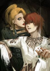  2boys absurdres alternate_costume black_nails blonde_hair blue_eyes buckle cigarette deidara_(naruto) earrings eyeliner fishnet_top fishnets goth_fashion green_nails high_ponytail highres holding holding_cigarette implied_yaoi jewelry jiujiu64085125 licking licking_another's_face long_hair looking_at_viewer makeup male_focus multiple_boys naruto_(series) naruto_shippuuden parted_lips ponytail red_eyes red_hair sasori_(naruto) shirt short_hair squatting torn_clothes torn_shirt 