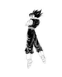  1boy absurdres boots crossed_arms dragon_ball dragon_ball_z earrings fenyon full_body greyscale highres jewelry male_focus medium_hair monochrome muscular muscular_male open_mouth pants potara_earrings sash shirt simple_background solo spiky_hair vegetto white_background 
