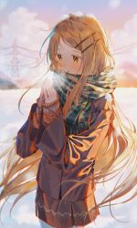  1girl absurdres backlighting blonde_hair blush breath brown_coat brown_skirt clouds coat colored_eyelashes commentary cowboy_shot enpera gakuen_idolmaster green_scarf hair_ornament hairclip hands_up highres idolmaster long_hair long_sleeves looking_down orange_eyes outdoors own_hands_together parallel_hairclips parted_lips plaid_clothes plaid_scarf power_lines ratto_(ratto_channel) scarf shinosawa_hiro skirt sky snow solo standing sunset transmission_tower very_long_hair winter winter_clothes 