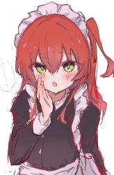  apron black_dress blush bocchi_the_rock! cupping_hands dress enmaided frilled_apron frills highres kemu1209 kita_ikuyo long_hair long_sleeves maid maid_apron maid_headdress one_side_up open_mouth own_hands_together red_hair shirt translation_request waist_apron white_apron white_shirt wrist_cuffs yellow_eyes 