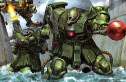  absurdres assault_rifle assault_visor battle bullet_hole cable combat_helmet damaged debris destruction earth_federation firing gm_(mobile_suit) gun gundam gundam_0080 gundam_perfect_file helmet highres holding holding_gun holding_weapon kinoshita_tomotake machinery magazine_scan mecha mecha_focus mobile_suit no_humans official_art one-eyed painting_(medium) panzerfaust realistic red_eyes rifle robot scan science_fiction shield space_habitat stahlhelm traditional_media weapon wet wreckage zaku_ii zaku_ii_fz_kai zeon 