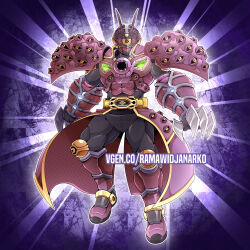  1boy absurdres antennae armor belt_buckle black_bodysuit bodysuit buckle claws commission cosplay full_body fusion helmet highres kamen_rider kamen_rider_geats_(series) kamen_rider_regad_omega male_focus muscular open_hands power_armor ramawidjanarko2 red_armor relinquished relinquished_(cosplay) rider_belt shoulder_armor solo tailcoat vgen_commission vgen_username white_helmet 