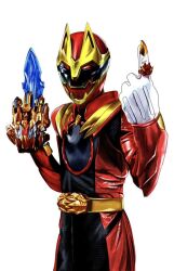  1boy 4ze_meteor armor black_bodysuit bodysuit commentary_request cowboy_shot gozyuwolf helmet male_focus no.1_sentai_gozyuger red_armor red_bodysuit red_helmet sentai_ring simple_background solo super_sentai tega_sword tokusatsu white_background 