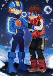  2boys ayla_kazemi black_shorts blue_bodysuit blue_headband blue_helmet blue_hoodie bodysuit brothers brown_eyes brown_hair cold commentary full_body green_eyes headband helmet highres hood hoodie lan_hikari_(mega_man) male_focus mega_man_(series) mega_man_battle_network_(series) megaman.exe multiple_boys netnavi orange_hair parted_lips red_scarf scarf shirt shorts siblings smile snowing symbol-only_commentary twins white_shirt 