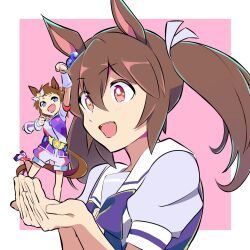  1girl animal_ears biko_pegasus_(gale_pegasus_type_zero)_(umamusume) biko_pegasus_(umamusume) bow bowtie brown_hair cupping_hands ear_ornament figure hands_up highres hishi_akebono_(umamusume) horse_ears long_hair open_mouth own_hands_together puffy_short_sleeves puffy_sleeves purple_shirt red_eyes sailor_collar school_uniform shirt short_sleeves smile solo tracen_school_uniform twintails umamusume upper_body yasumi_(aitne) 