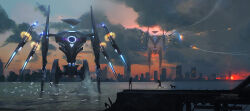  1boy 1girl absurdres artist_name bird city clouds cloudy_sky commentary dog english_commentary from_behind from_side full_body highres mecha missile missile_trail ocean original paul_nong robot running signature sky standing sun sunset too_many too_many_birds 