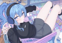  1girl absurdres bag black_sweater blue_eyes blue_hair boots breasts chewing_gum commentary_request grey_skirt headphones high_ponytail highres holding holding_bag hololive hoshimachi_suisei in_shopping_cart looking_at_viewer miniskirt nolc orange_nails ponytail shopping_bag shopping_cart skirt solo star_(symbol) star_in_eye stuffed_animal stuffed_toy sweater symbol_in_eye teddy_bear thighs virtual_youtuber 
