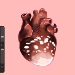  alt_text animal_print art_program_in_frame baby_animal blurry brown_fur commentary deer deer_print english_commentary fawn heart_(organ) highres limited_palette meyoco no_humans object_focus original pink_background pink_light procreate_(medium) simple_background sketch warm_colored 