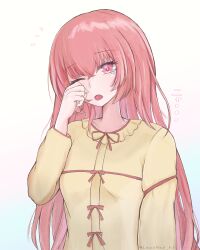  1girl absurdres akiha_rumiho collarbone hair_between_eyes hair_down highres lemoned_hl_5050 long_hair long_sleeves looking_at_viewer loungewear one_eye_closed open_mouth pink_eyes pink_hair science_adventure simple_background sleeves_past_wrists solo steins;gate tears very_long_hair waking_up white_background 