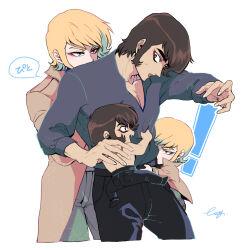 ! 2d 4boys androgynous asuka_ryou blonde_hair blue_eyes body_markings brown_eyes brown_hair cb_chara_nagai_gou_world chibi coat devilman devilman:_the_birth/the_demon_bird eyelashes eyeliner fang fangs fudou_akira height_difference in-franchise_crossover leg1228 male male_focus male_only medium_hair mini_person shirtless short_hair simple_background size_difference sweatdrop thick_eyebrows white_background