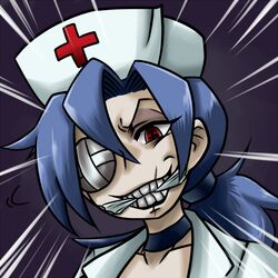  1girl aruse_yuushi blue_hair choker emphasis_lines eyepatch eyeshadow makeup meme nurse pale_skin red_eyes scar skullgirls smile solo valentine_(skullgirls) we&#039;re_forced! 