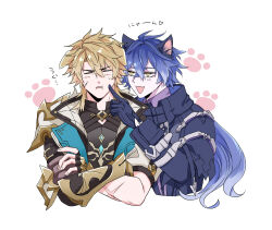  2boys ahoge animal_ears black_gloves blonde_hair blue_hair cat_ears closed_eyes commentary_request crossed_arms crossed_bangs dog_ears fingerless_gloves flins_(genshin_impact) genshin_impact gloves male_focus multiple_boys nomnom_zqz open_mouth paw_print scar scar_on_arm varka_(genshin_impact) white_background yellow_eyes 