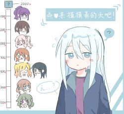 1other 6+girls ? akiyama_mizuki asahina_mafuyu black_hair black_shirt blonde_hair blue_eyes blue_jacket blush brown_eyes brown_hair chibi chibi_inset colored_speech_bubble flying_sweatdrops gradient_hair green_hair grey_eyes hair_between_eyes hanasato_minori hashtag-only_commentary highres hoshino_ichika_(project_sekai) jacket kano2007226 kiss_meter_(meme) kusanagi_nene long_hair long_sidelocks long_sleeves looking_at_viewer meme mochizuki_honami multicolored_hair multiple_girls open_clothes open_jacket orange_hair parted_lips pink_eyes pink_hair project_sekai purple_hair purple_shirt shinonome_ena shirt side_ponytail sidelocks simple_background solo_focus speech_bubble spoken_question_mark sweat tenma_saki track_jacket translation_request upper_body violet_eyes white_background white_hair yoisaki_kanade 