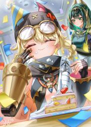  2girls black_gloves black_hat blonde_hair blush braid braided_hair_rings breasts cake cake_slice closed_mouth commentary_request dress eating eyewear_on_head food genshin_impact gloves goggles goggles_on_head green_eyes green_hair hair_rings hat highres jahoda_(genshin_impact) jewelry large_breasts long_hair mechanical_arms mole mole_under_eye morocha1130 multiple_girls nefer_(genshin_impact) short_hair smile 