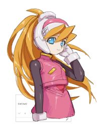  1girl blonde_hair blue_eyes ciel_(mega_man) gloves helmet high_ponytail highres long_hair mega_man_(series) mega_man_zero_(series) noro_zt pink_helmet pink_top ponytail skirt smile solo upper_body white_gloves 