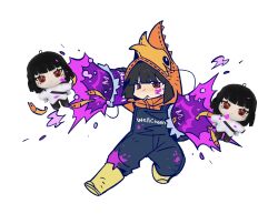  1girl black_hair blue_overalls bob_cut boots closed_mouth commentary_request e.g.o_(project_moon) highres hood hood_up hoodie kgdjeisk limbus_company long_sleeves orange_hoodie overalls project_moon red_eyes ryoshu_(project_moon) short_hair shrimp simple_background soda_(e.g.o) solo white_background yellow_boots 