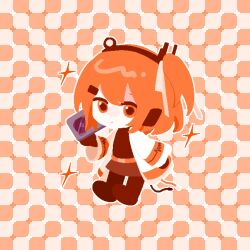  1girl a.i._voice adachi_rei bax-2 checkered_background chibi chibi_only commentary full_body holding jacket long_sleeves looking_at_viewer one_side_up open_clothes open_jacket optical_illusion orange_eyes orange_hair orange_theme primrose_field_illusion solo symbol-only_commentary utau white_jacket 